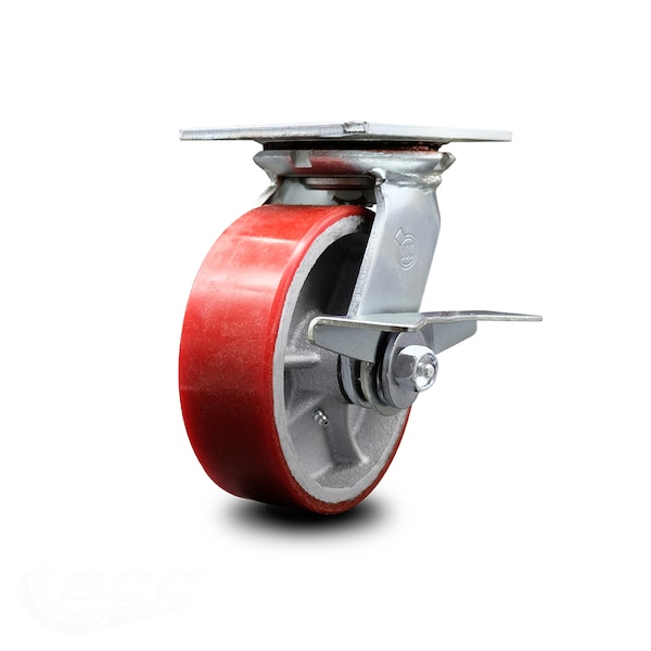 6 Inch Heavy Duty Red Poly on Cast Iron Caster with Ball Bearing and Brake SCC